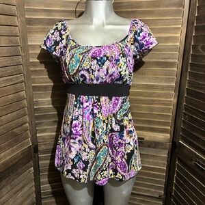 Y2K Paisley Babydoll Top Whimsigoth Purple Size Large Stretch Boho Eclectic
